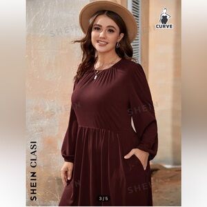 SHEIN Clasi Plus Hidden Pocket Solid Dress in Burgundy Size 2XL.